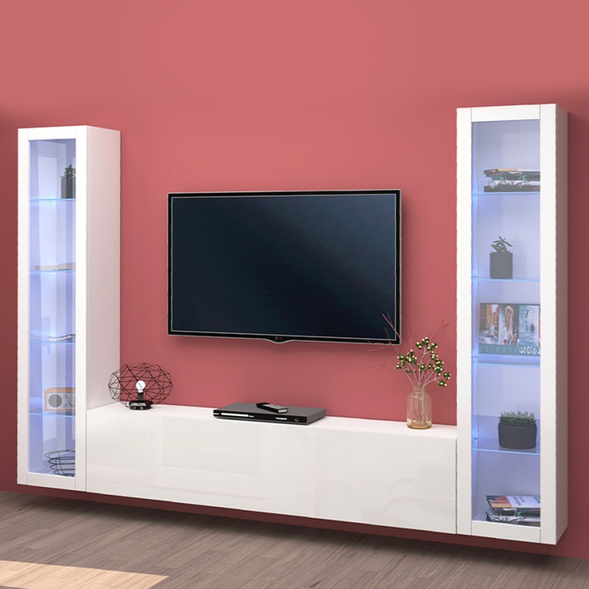 Liv WH white wall-hung living room TV cabinet 2 display cabinets