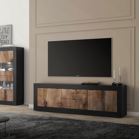 Industrial mobile TV stand 210cm with 2 doors, 2 drawers and black wooden finish Visio NP. Promotion