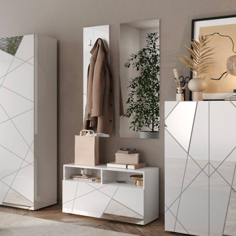 Freya hallway coat hanger set, glossy white shoe rack and mirror Promotion