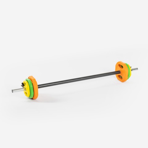 Body pump set with 6-bore barbell and 6 colored weight plates totaling 20 kg by Forutsu. Promotion