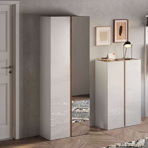 Entryway shoe cabinet with 2 mirror doors in glossy white and oak Alba. Promotion