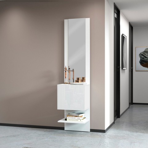 Glossy white entrance wall shoe cabinet with 1 door and mirror Karin Promotion