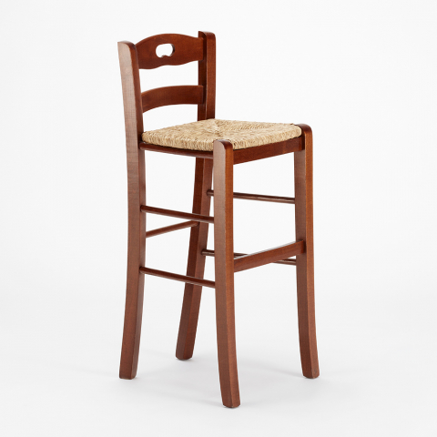 Classic rustic high wooden stool with straw seat for bar pub and kitchen Hamburg Promotion