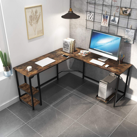 Corner office desk study 148x148 industrial design metal 2 shelves Southport Promotion