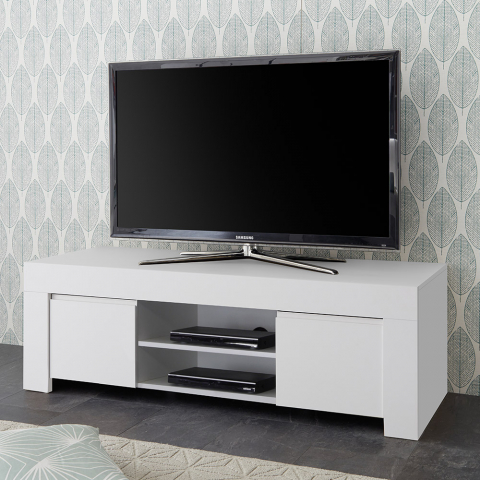 Modern white TV stand base unit 2 side doors open compartment Florence Promotion
