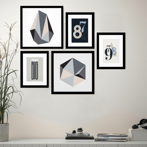 Set 5 pictures minimal design collage framed prints B&W Promotion