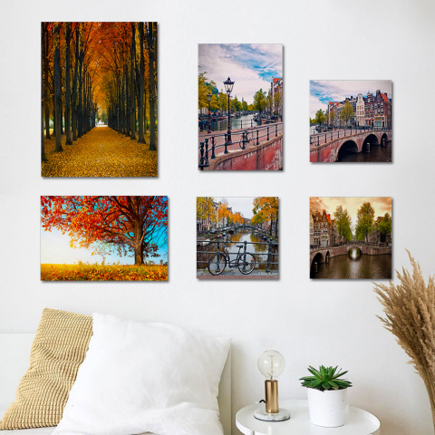 Set of 6 canvas prints urban landscape paintings wooden frame Autumn Promotion