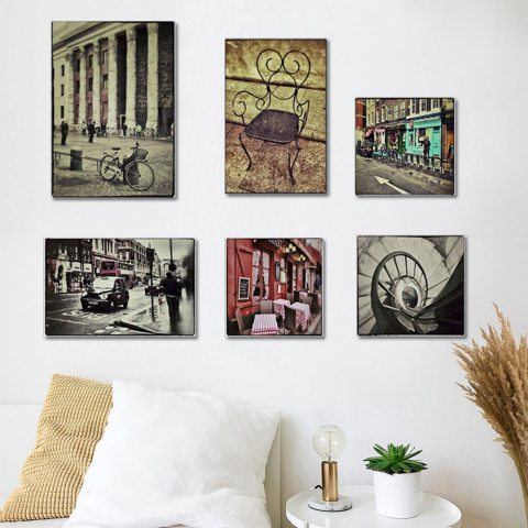 Set 6 canvas prints city canvas paintings wooden frame vintage Postcard Promotion