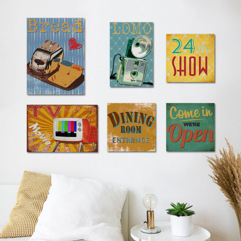 Set of 6 canvas prints retro design poster signs wooden frame Vintage Mood Promotion