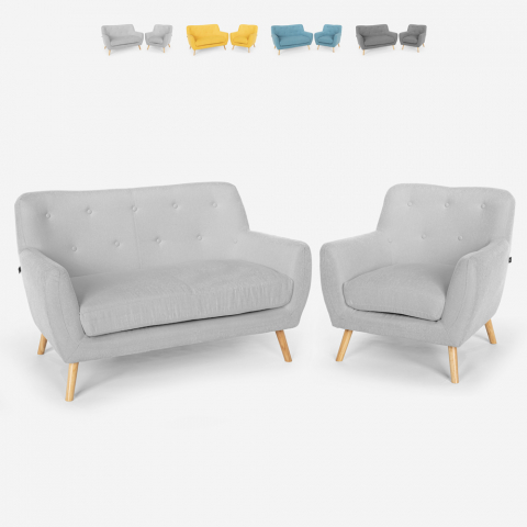 Lounge set armchair and 2-seater sofa Scandinavian design wood fabric Algot Promotion